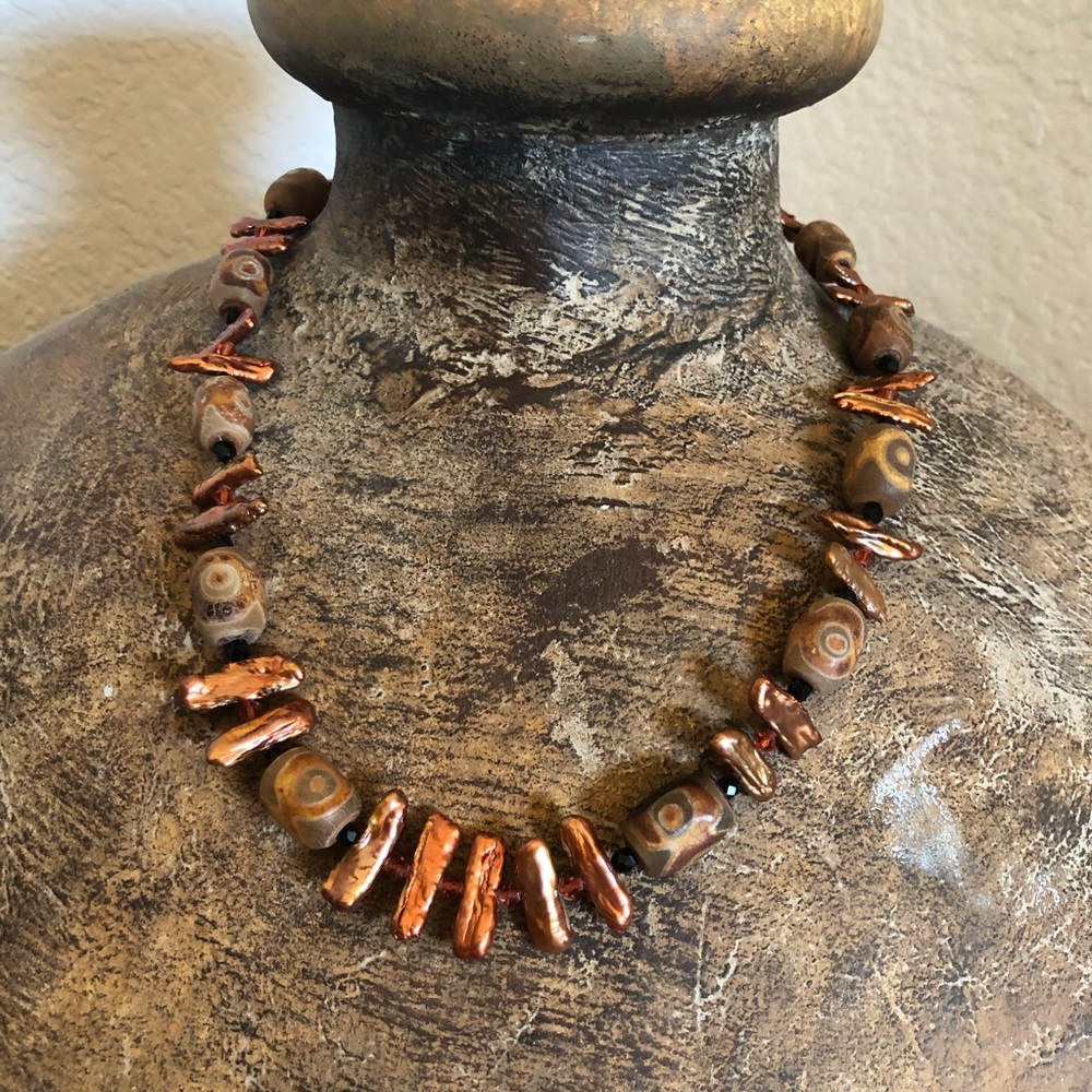 Necklace Vintage African Beads and Biwa Pearls